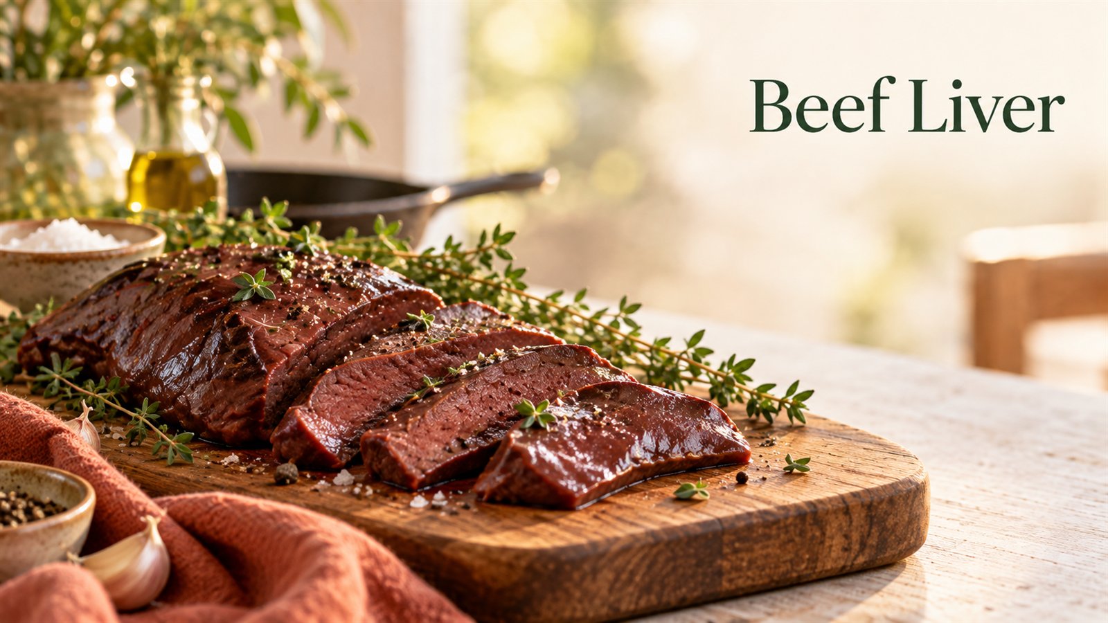 Sliced cooked beef liver on a wooden board with sprigs of thyme and a cast iron skillet