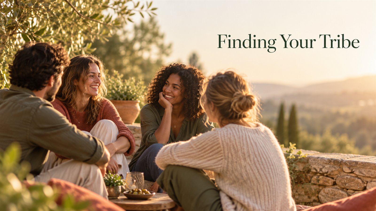 Four friends sitting together outdoors at golden hour, talking and laughing
