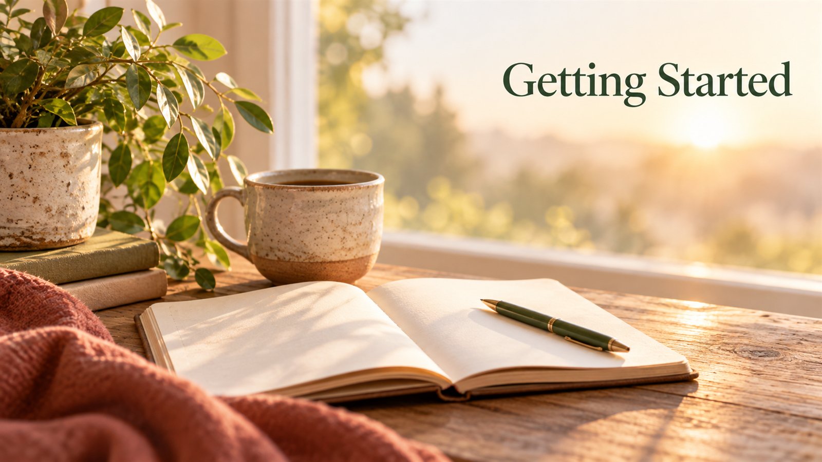 An open blank notebook, a pen, a mug and a small potted plant on a desk at sunrise