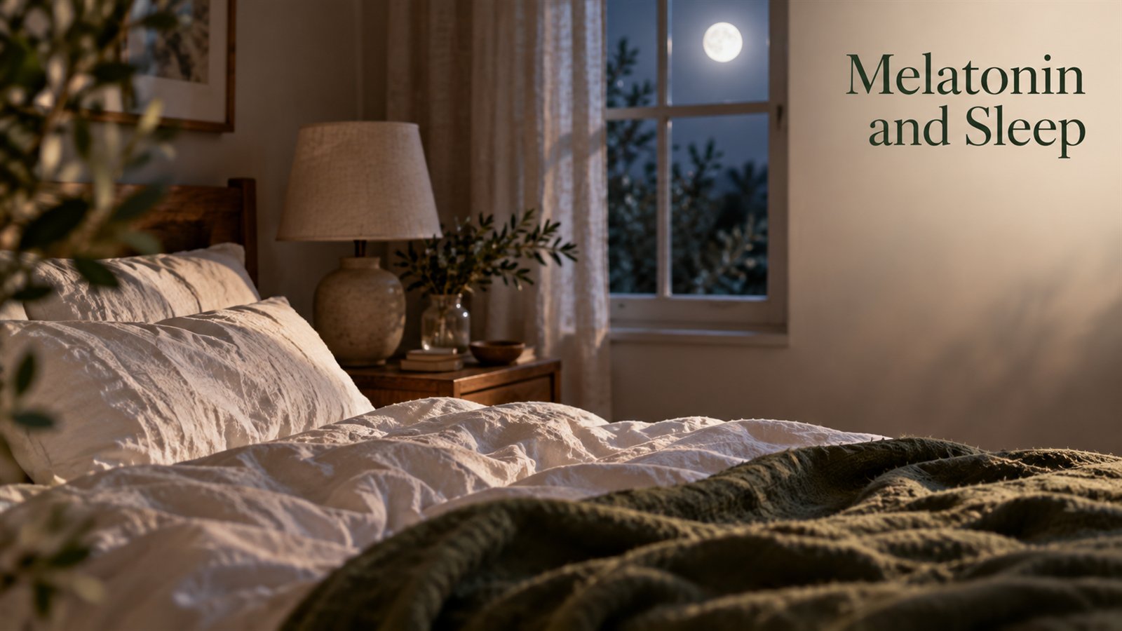 A dim bedroom at night with moonlight through the window and rumpled white bedding