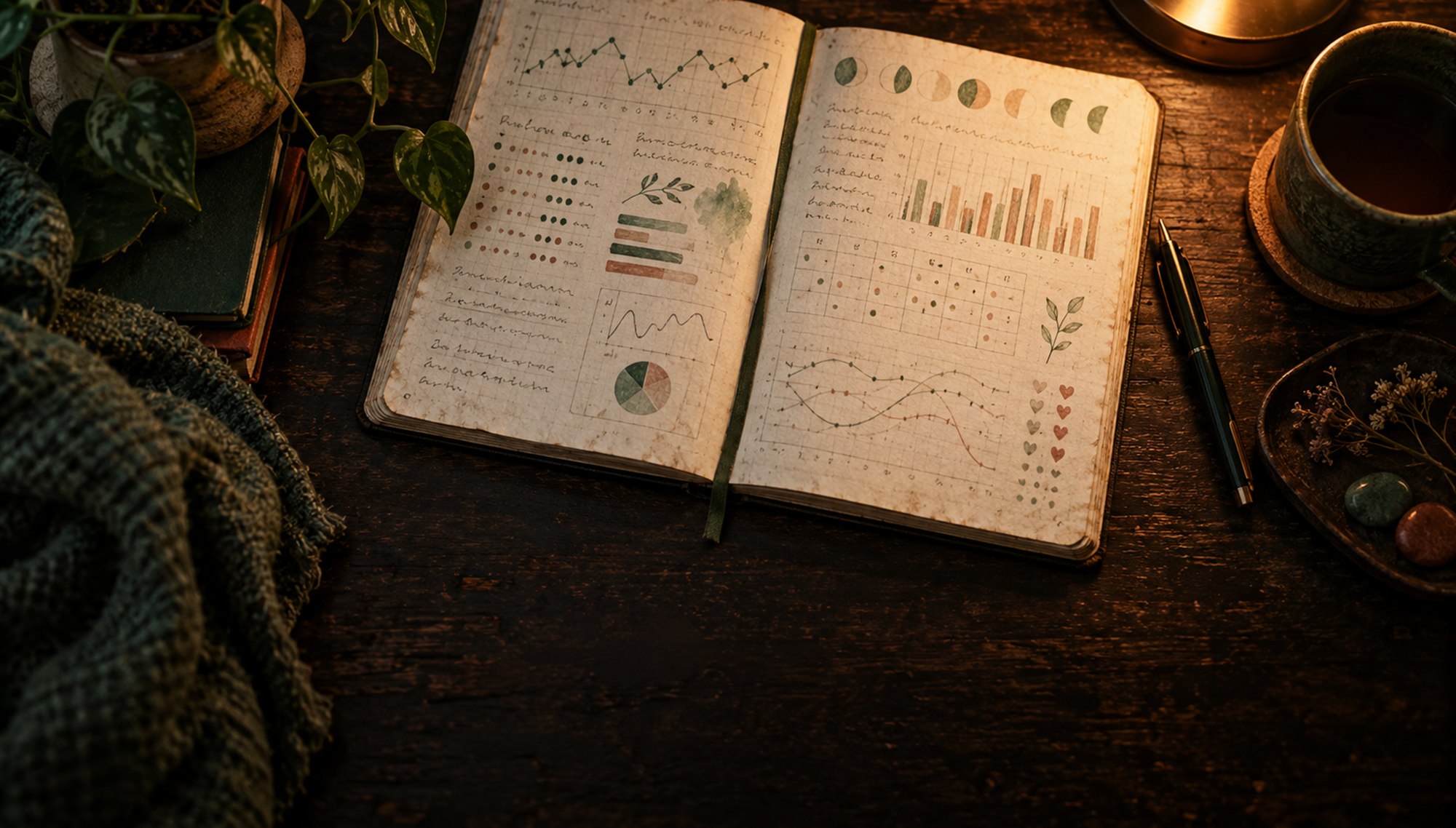 A worn notebook of hand drawn charts and daily records on a dark wooden table in warm lamplight