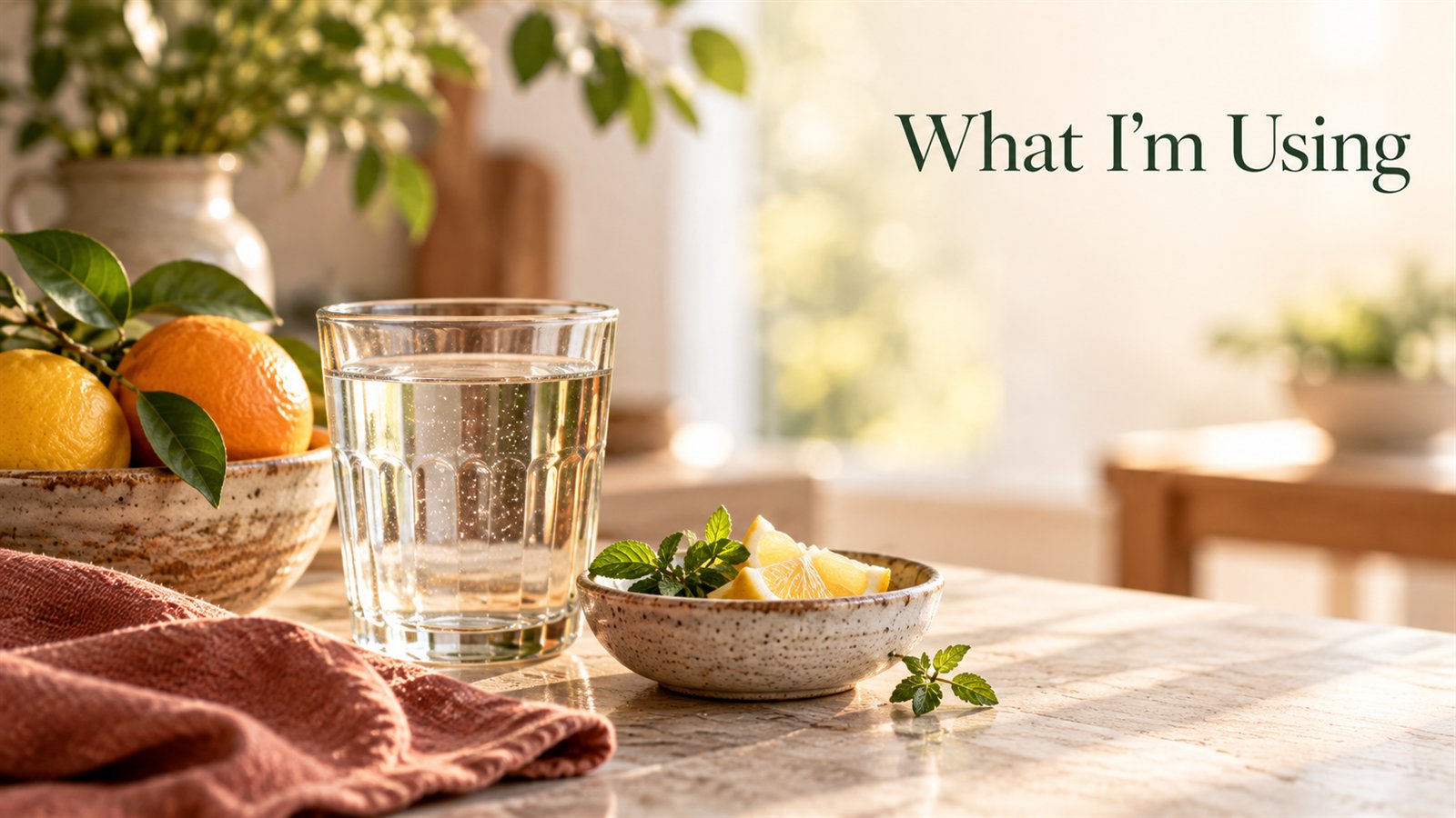 A glass of water, fresh citrus and a small ceramic dish on a sunlit kitchen counter