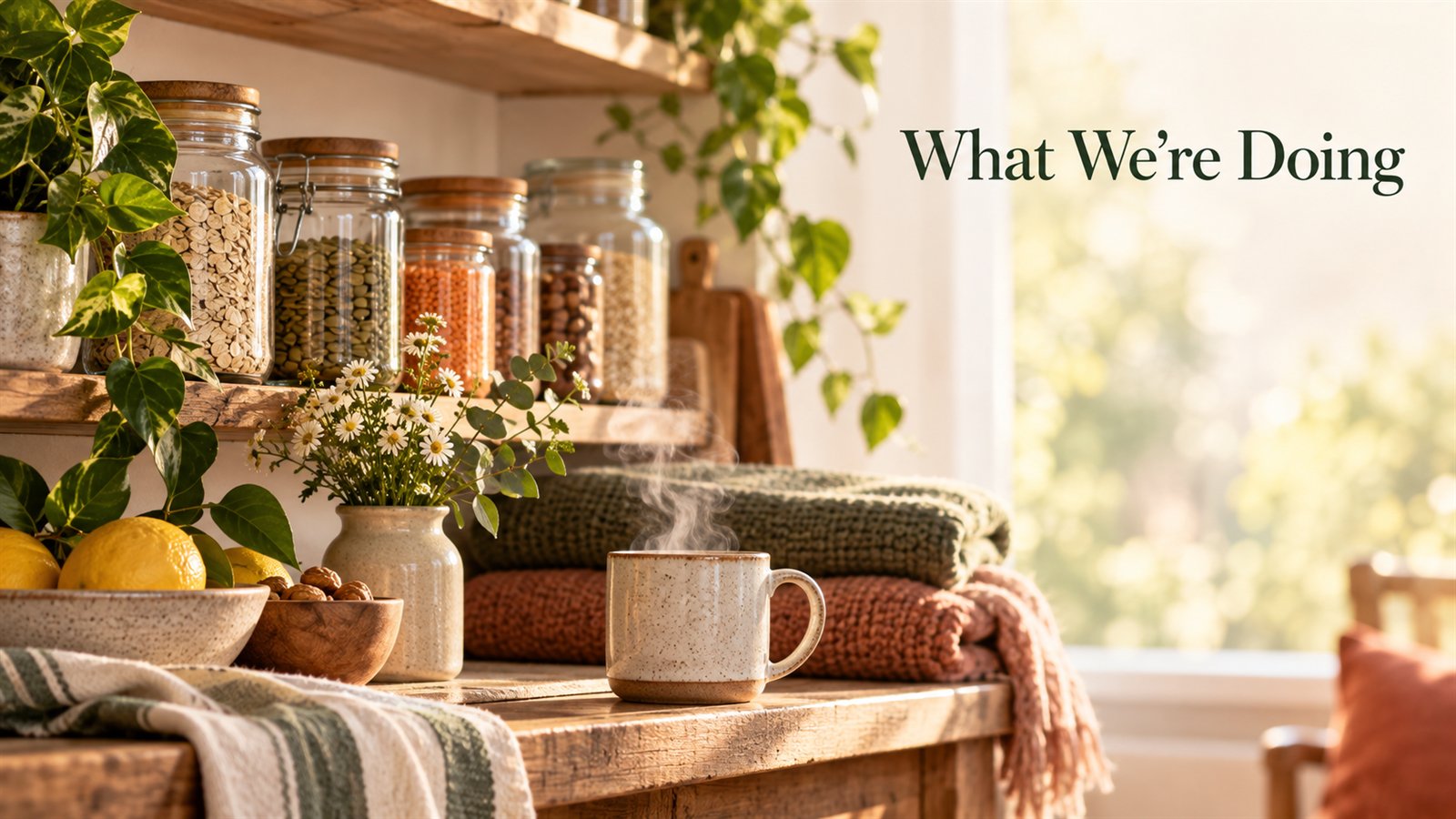 A tidy pantry shelf of glass jars with folded blankets and a warm mug by a window