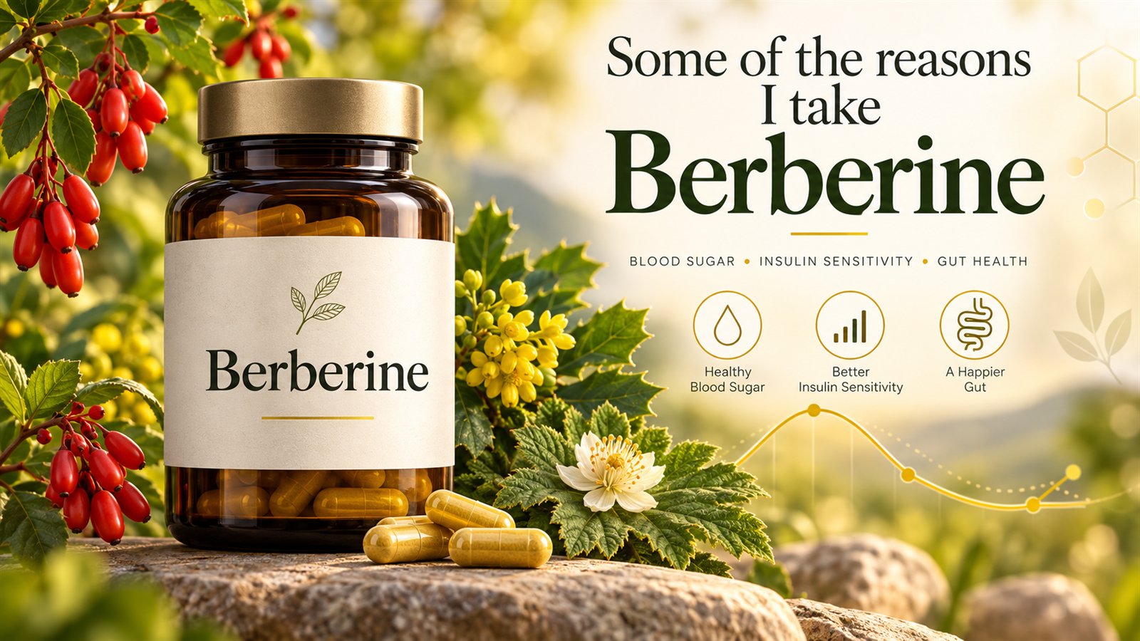 Berberine capsules in an amber bottle beside barberry branches, with the article title